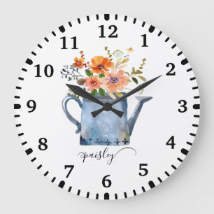 Boho Rust Orange Watercolor Flowers Watering Can Large Clock