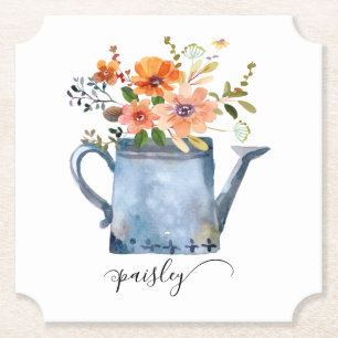 Boho Rust Orange Watercolor Flowers Watering Can Paper Coaster