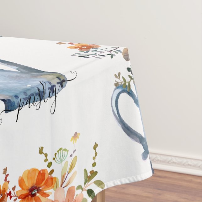 Boho Rust Orange Watercolor Flowers Watering Can Tablecloth (In Situ)