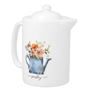 Boho Rust Orange Watercolor Flowers Watering Can Teapot