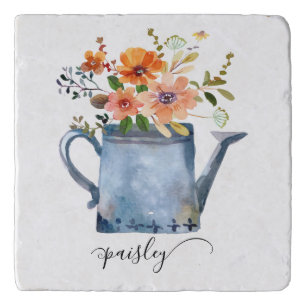 Boho Rust Orange Watercolor Flowers Watering Can Trivet