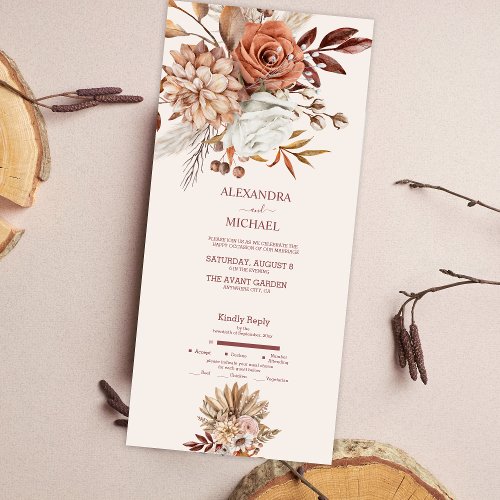 Boho Rust Terracotta Dried Fan Flowers Wedding All In One Invitation