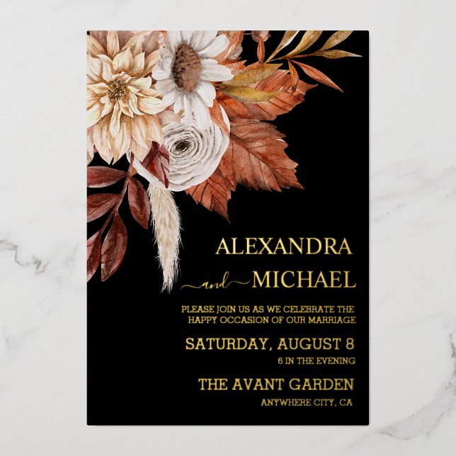 Boho Rust Terracotta Dried Fan Flowers Wedding   Foil Invitation (Front)
