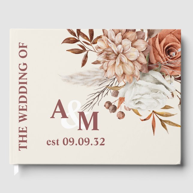 Boho Rust Terracotta Dried Fan Flowers Wedding Guest Book (Front)