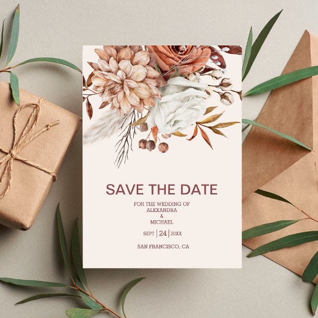 Boho Rust Terracotta Dried Fan Flowers Wedding Save The Date (Creator Uploaded)
