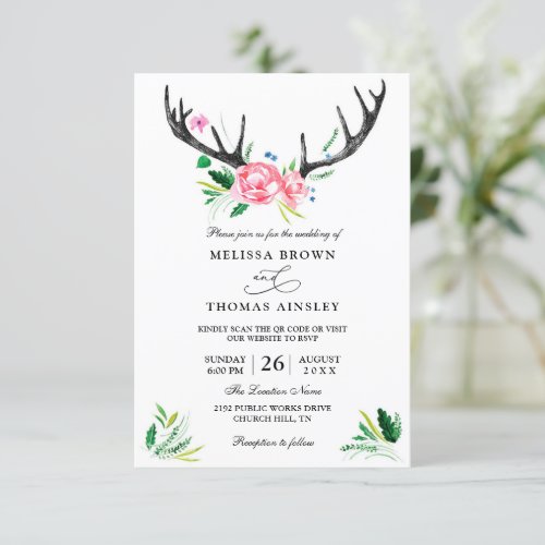 Boho Rustic Antlers Budget QR Code Wedding Invitation