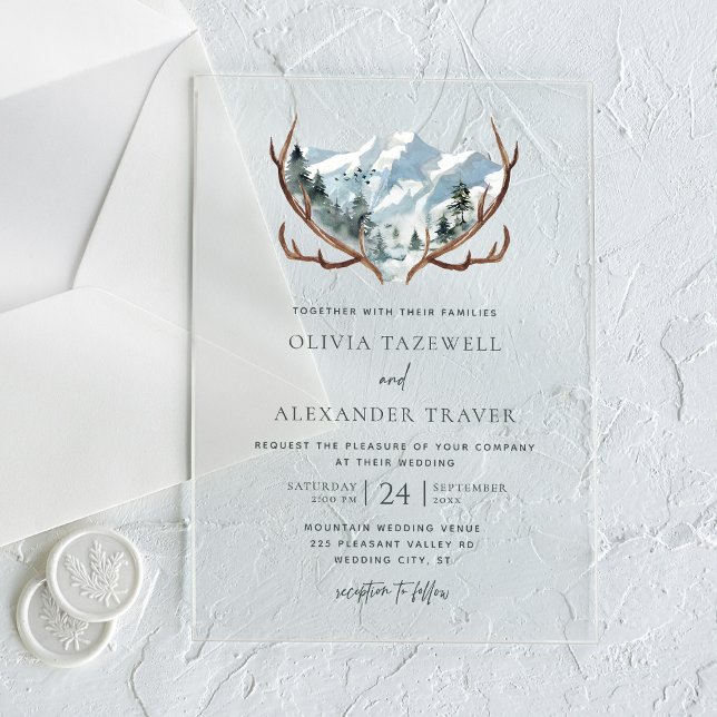 Boho Rustic Antlers Mountain Wedding Acrylic Invitations (Creator Uploaded)