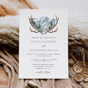 Boho Rustic Antlers Mountain Wedding Invitation
