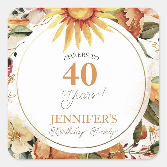 Boho Rustic Autumn Sunflower 40th Birthday Party   Square Sticker (Front)