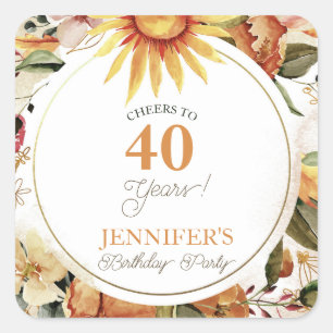 Boho Rustic Autumn Sunflower 40th Birthday Party Square Sticker
