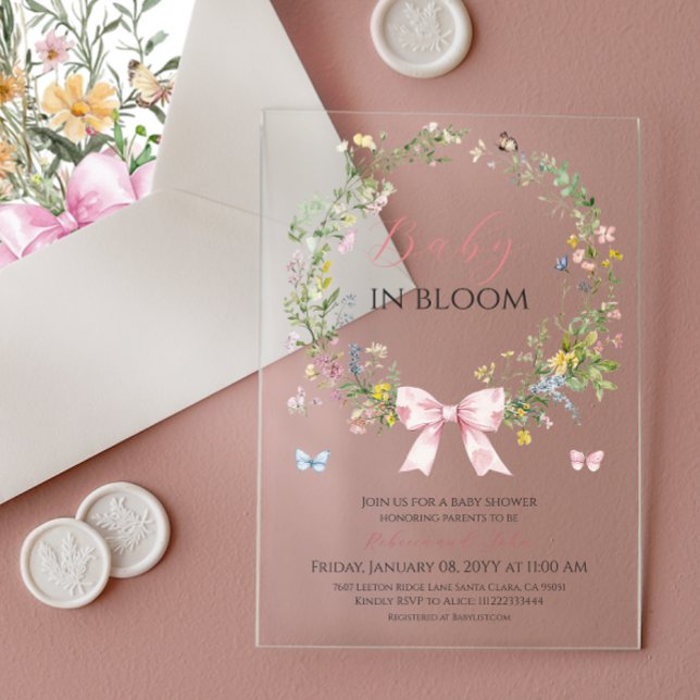 Boho Rustic Baby in Bloom Pink Bow Baby Shower Acrylic Invitations (Creator Uploaded)