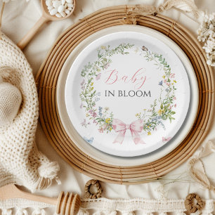 Boho Rustic Baby in Bloom Pink Bow Baby Shower Paper Plates