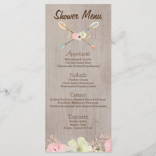 Boho Rustic Baby or Bridal Shower Wedding Menu