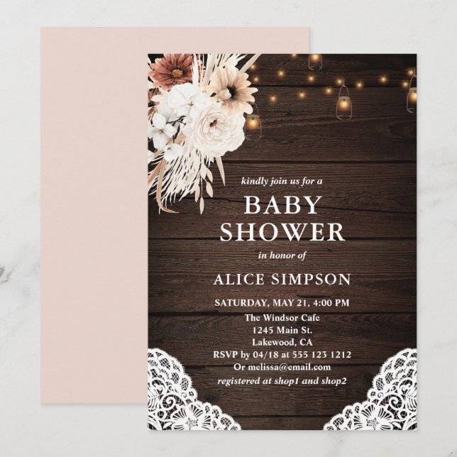 Boho Rustic Beige Floral Mason Jars Baby Shower In Invitation (Front/Back)