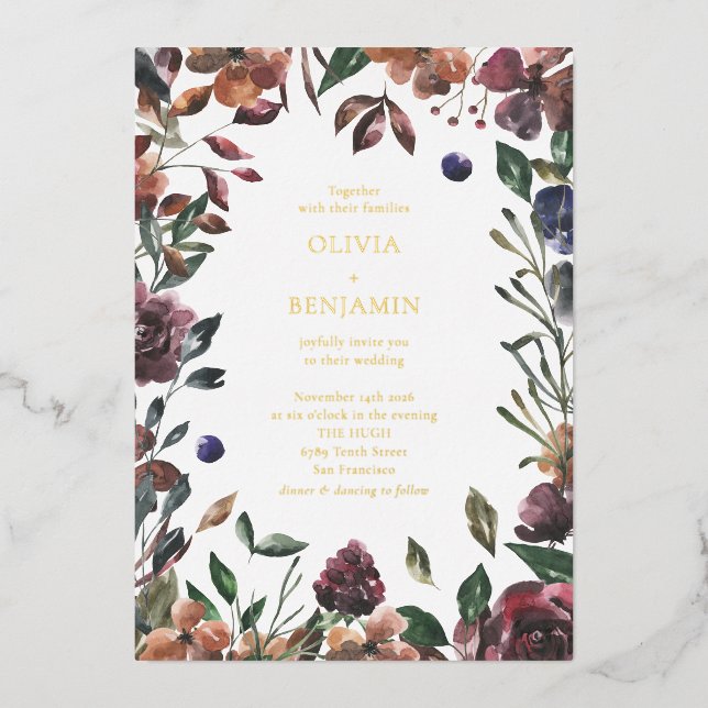 Boho Rustic Botanical Burgundy Border Wedding  Foil Invitation (Front)