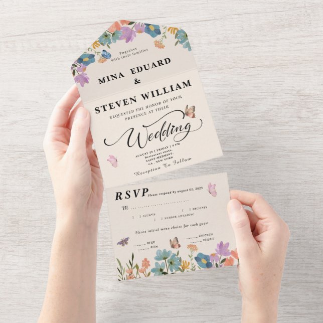 Boho rustic botanical wildflowers wedding  all in one invitation (Tearaway)