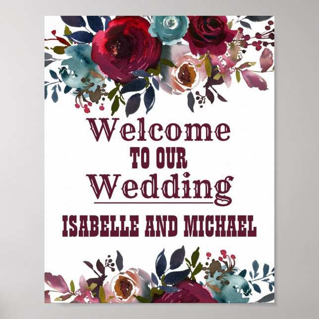 Boho Rustic Burgundy Floral Wedding Welcome Sign (Front)