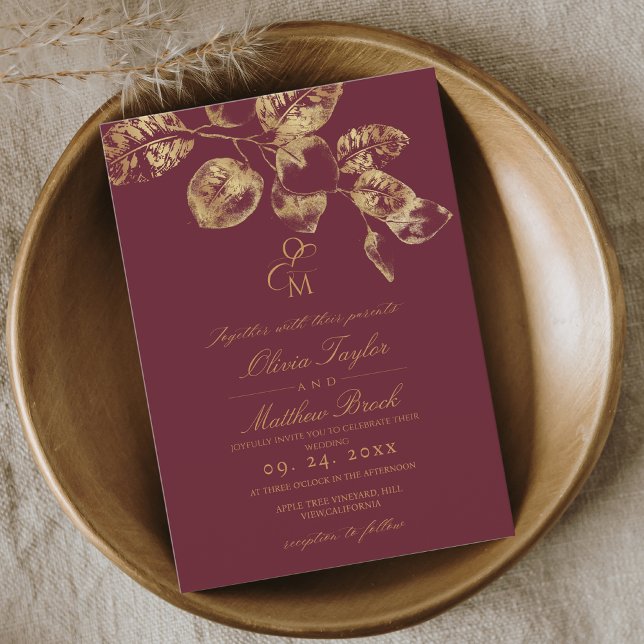 Boho Rustic Burgundy & Gold Wedding Invite (Creator Uploaded)