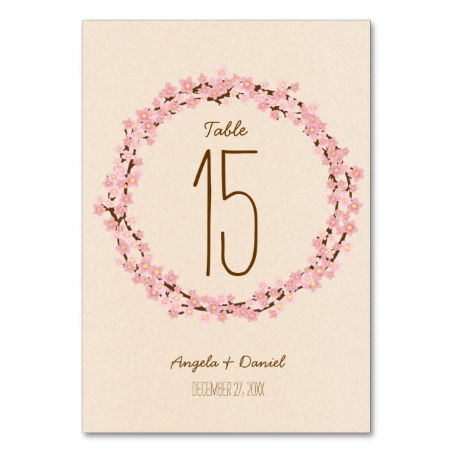 Boho Rustic Cherry Blossom Wreath Wedding Table Number (Front)