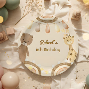 Boho rustic cute Bear and Giraffe kids Birthday Paper Plates