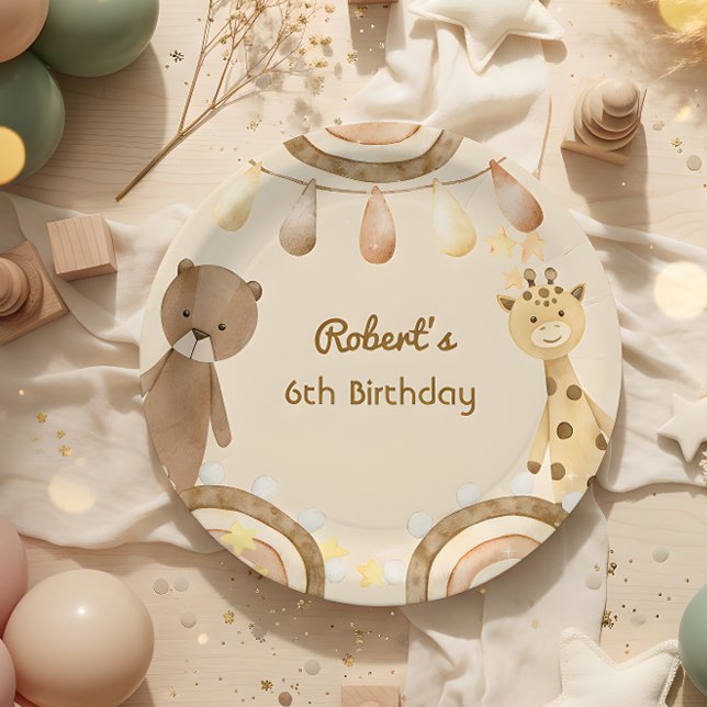 Boho rustic cute Bear and Giraffe kids Birthday Paper Plates (Creator Uploaded)
