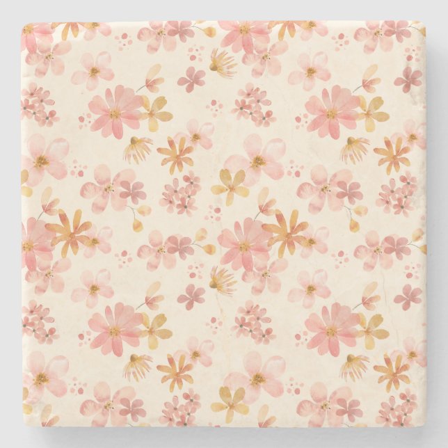 Boho rustic earthy botanical flower pattern stone coaster (Front)