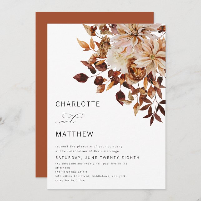 Boho Rustic Fall Autumn Leaves Floral  Wedding Invitation (Front/Back)
