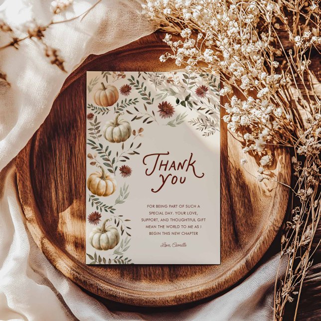 Boho Rustic Fall Bridal Shower Thank you Card (Rustic Pumpkin Thank you card)