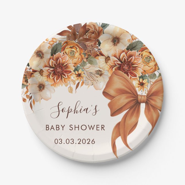 Boho Rustic Fall Floral Baby Shower Party Paper Plates (Front)