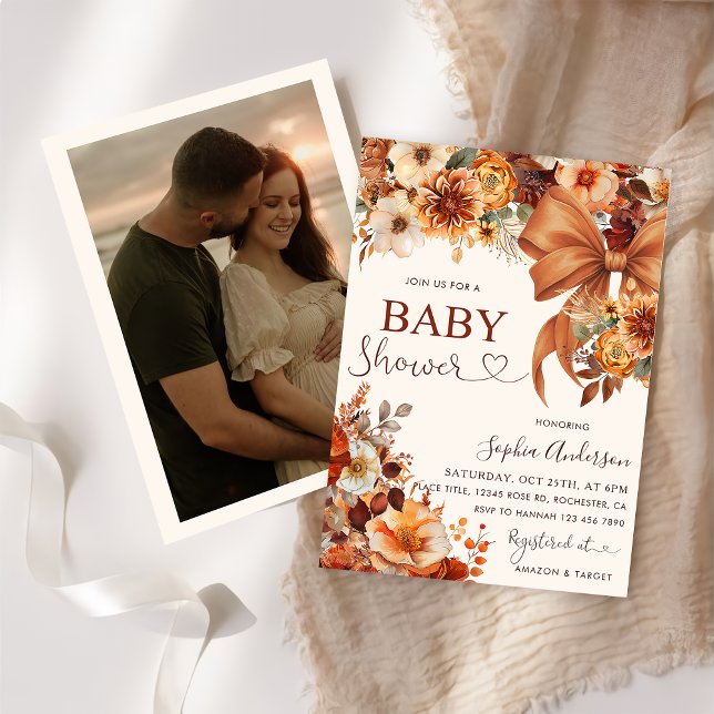 Boho Rustic Fall Floral Baby Shower Party Photo  Invitation (Creator Uploaded)