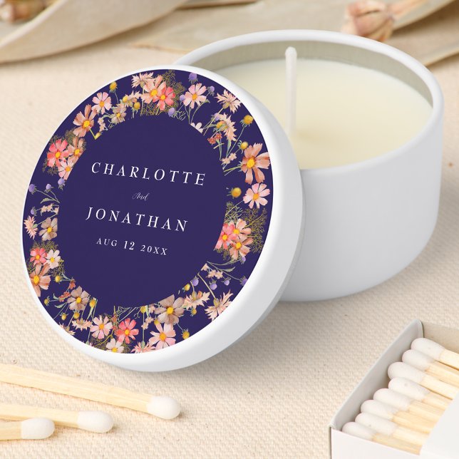 Boho Rustic Fall Floral Navy Blue Wedding Mini Candle Favors (Boho wildflower rustic floral fall navy wedding custom candle favor Watercolor flowers fall colors)
