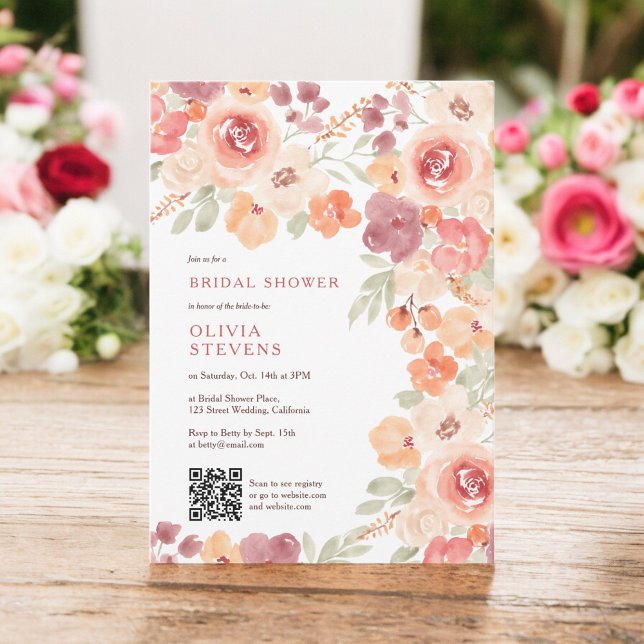 Boho rustic fall peach blush qr code bridal shower invitation (Boho rustic fall peach blush qr code bridal shower invitation)