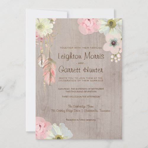 Boho Rustic Feather and Floral Wedding Invitation