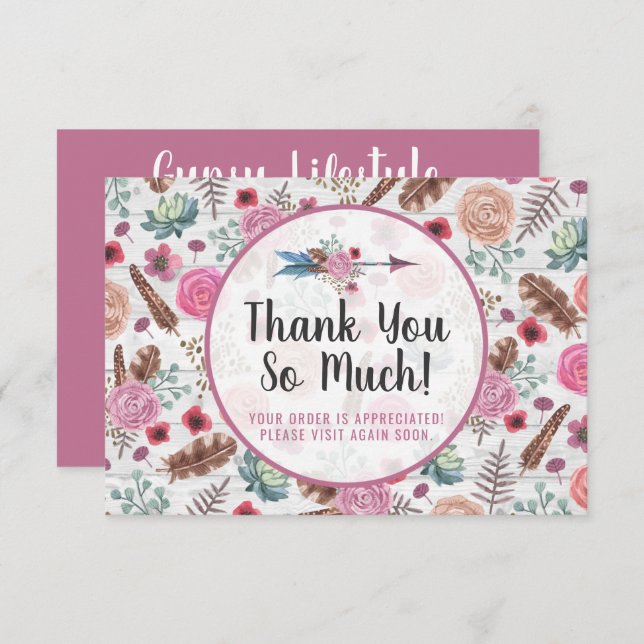 Boho Rustic Feather Arrow Floral Thank You Card (Front/Back)