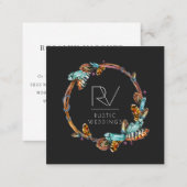 Boho Rustic Feather Wreath Monogram Square Business Card (Front/Back)