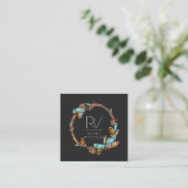Boho Rustic Feather Wreath Monogram Square Business Card (Standing Front)