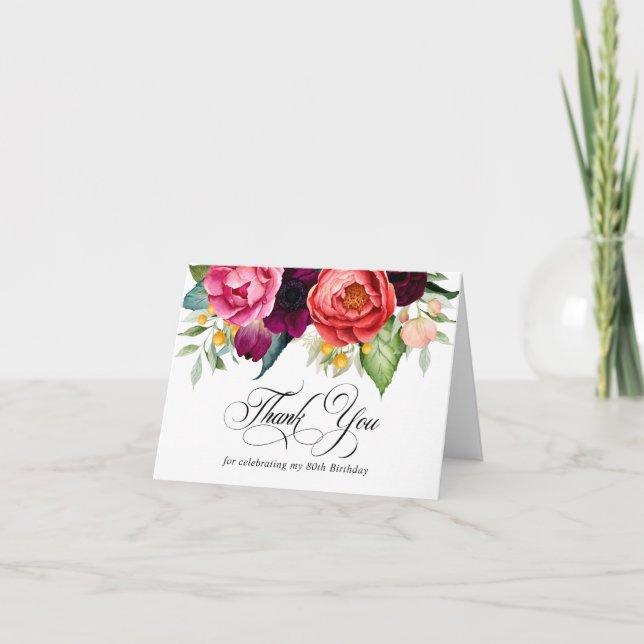 Boho Rustic Floral 80th Birthday Thank You Card (Front)