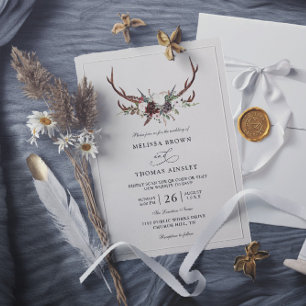 Boho Rustic Floral Antlers Budget QR Code Wedding Invitation
