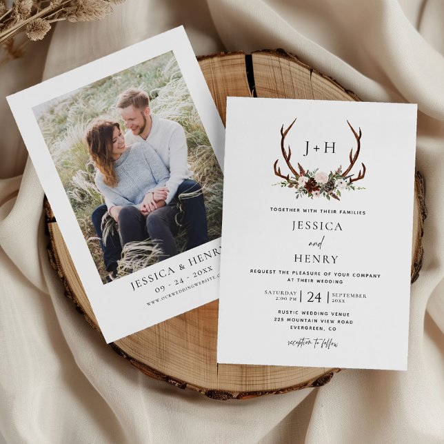 Boho Rustic Floral Antlers Wedding Photo Invitation (Creator Uploaded)