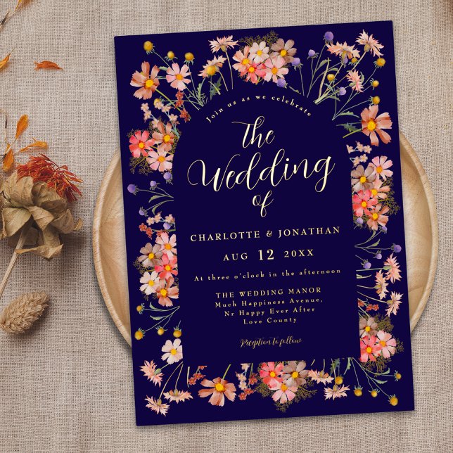 Boho Rustic Floral Arch Fall Wedding Gold Foil Invitation (rustic floral elegant navy blue gold foil script fall wedding invitation Watercolor wild flowers)