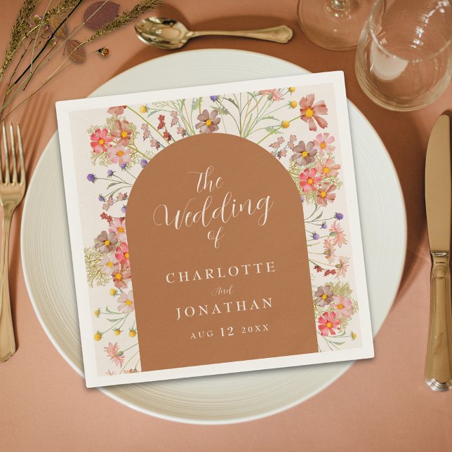 Boho Rustic Floral Arch Fall Wedding Napkins (Boho rustic floral fall terracotta burnt orange custom Wedding napkins watercolor wildflowers script)