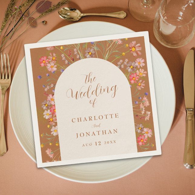 Boho Rustic Floral Arch Fall Wedding Napkins (Boho Wildflower fall terracotta burnt orange custom Wedding napkins Watercolor floral elegant script)