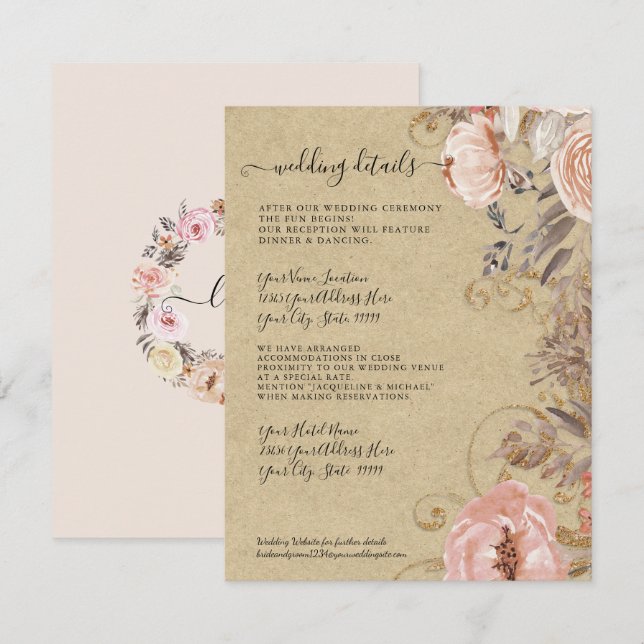Boho Rustic Floral Blush Rose Gold Wedding Details Invitation (Front/Back)