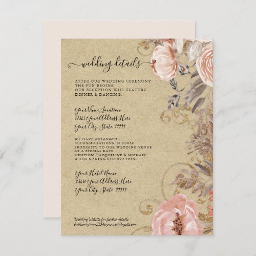 Boho Rustic Floral Blush Rose Gold Wedding Details Invitation