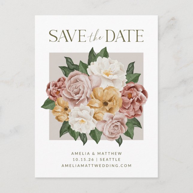 Boho Rustic Floral Bouquet Elegant Save The Date Postcard (Front)