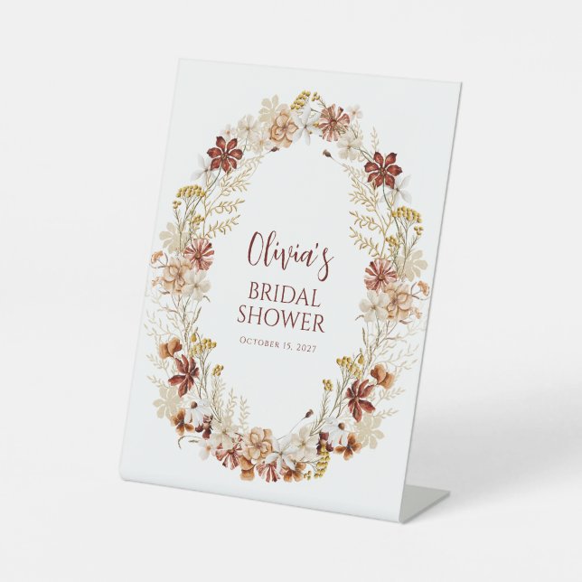 Boho Rustic Floral Burgundy Bridal Shower Custom Pedestal Sign (Front)