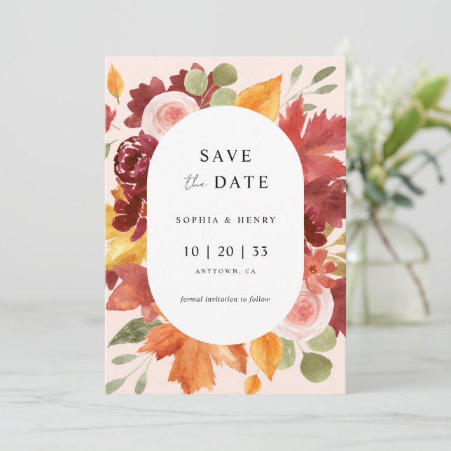 Boho Rustic Floral Burgundy Fall Photo Wedding Save The Date (Standing Front)