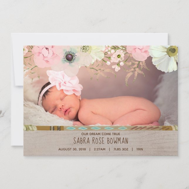 Boho Rustic Floral Feather Birth Announcement (Front)