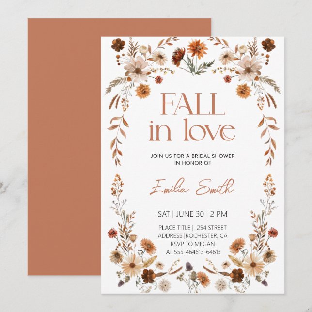 Boho Rustic Floral Flowers Autumn Bridal Shower Invitation (Front/Back)