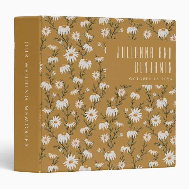 Boho Rustic Floral Mustard Yellow Custom Wedding 3 Ring Binder (Front/Spine)